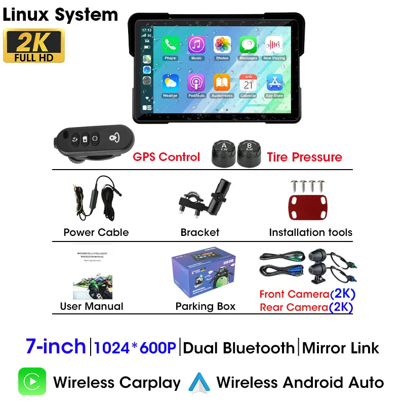 5"/7" 2K Portable Motorcycle DVR GPS Navigaton Wireless IOS Carplay Android Auto Dash Camera Waterproof Dual BT Moto Monitor