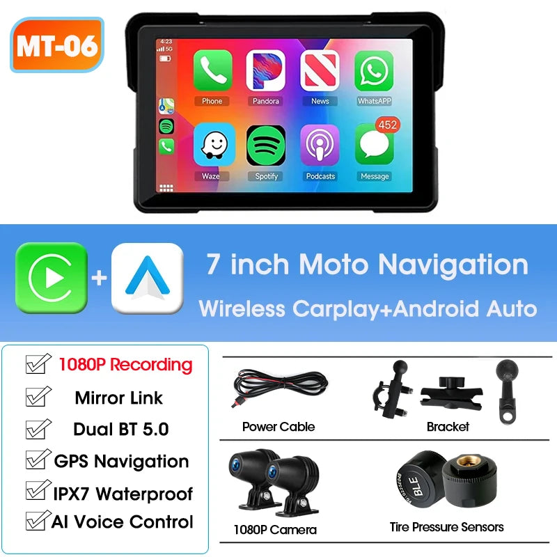 5/7 inch Portable Carplay Motorcycle DVR GPS Navigation IPX7 Waterproof LCD Display For Wireless CarPlay Android Auto