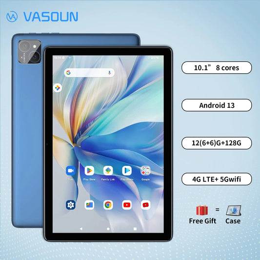 VASOUN Android 14 Tablet 10.1" - 12GB RAM (6+6 Expandable), 128GB ROM, Octa-Core, Dual SIM 4G LTE Unlocked