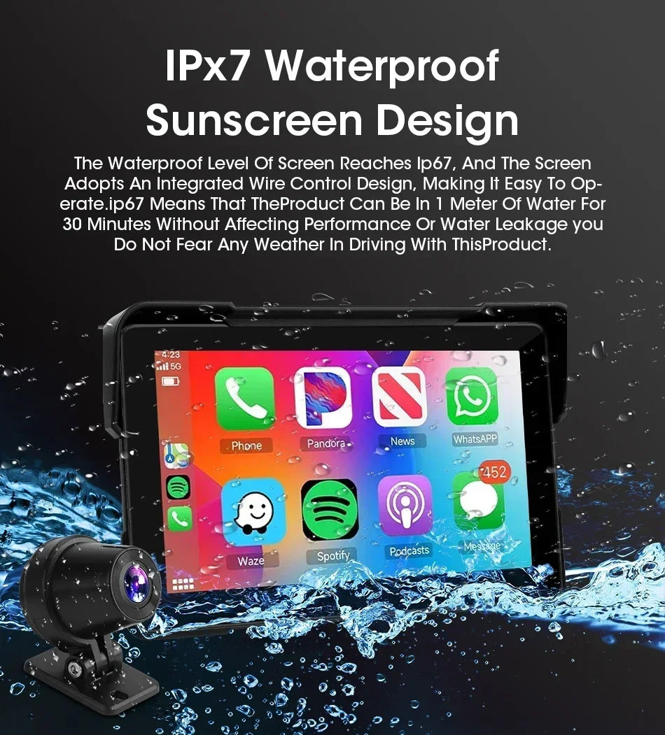 5/7 inch Portable Carplay Motorcycle DVR GPS Navigation IPX7 Waterproof LCD Display For Wireless CarPlay Android Auto