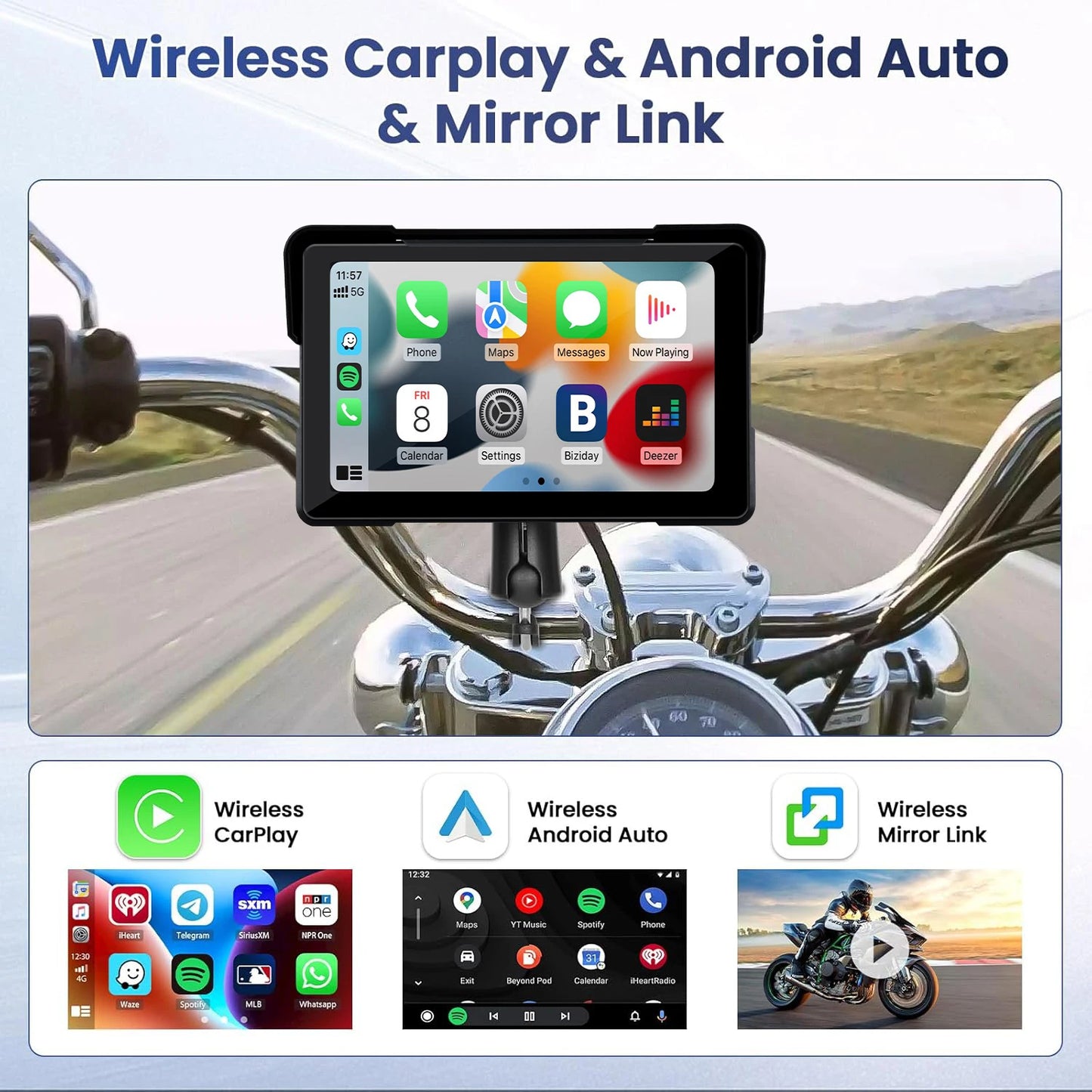 5"/7" 2K Portable Motorcycle DVR GPS Navigaton Wireless IOS Carplay Android Auto Dash Camera Waterproof Dual BT Moto Monitor