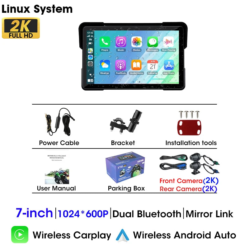 5"/7" 2K Portable Motorcycle DVR GPS Navigaton Wireless IOS Carplay Android Auto Dash Camera Waterproof Dual BT Moto Monitor